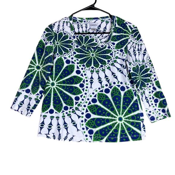 Chicos Womens Shirt White Multicolor Abstract Print Round Neck Stretch 1 (M) - Picture 1 of 11